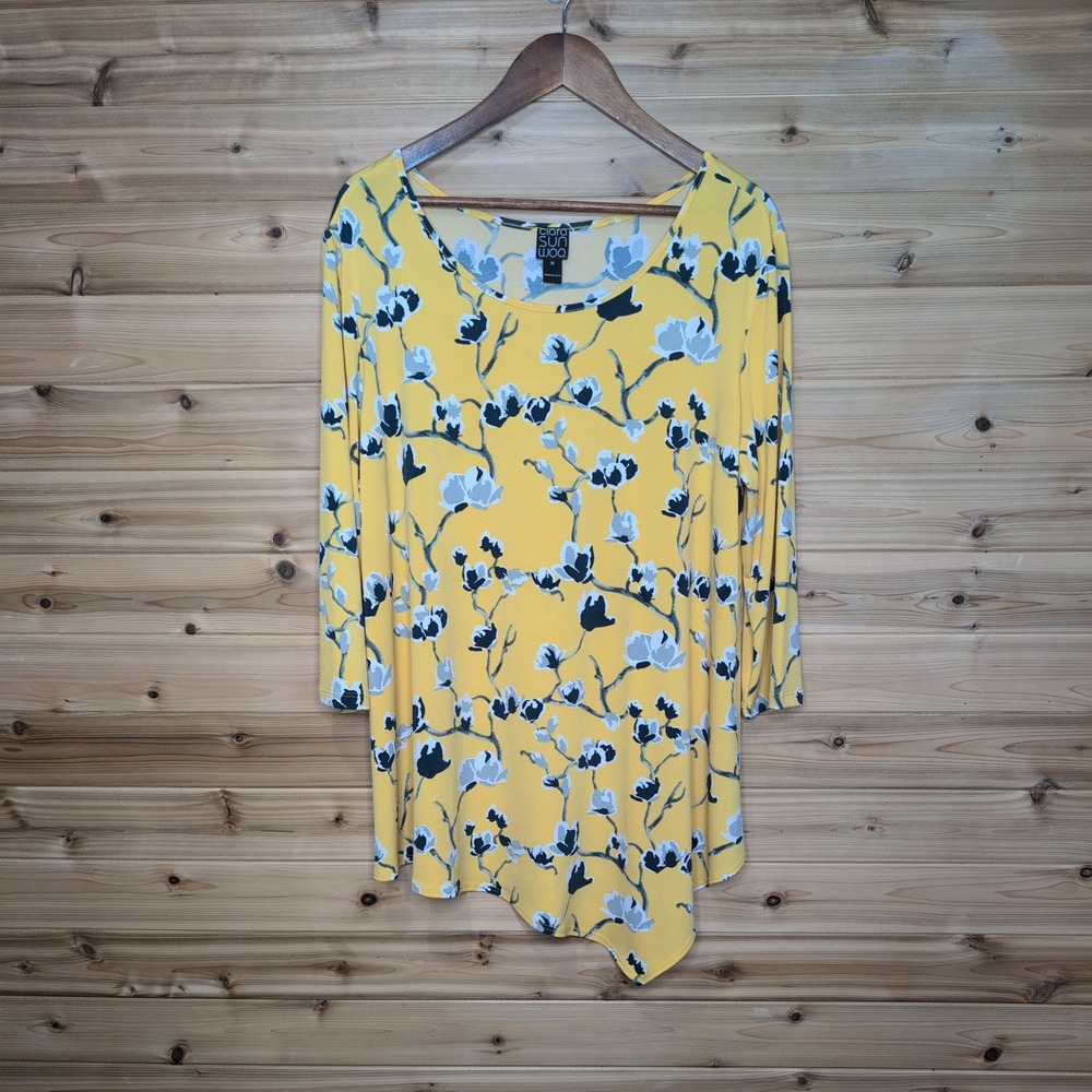Clara Sunwoo Yellow Floral Asymmetrical Sharkbite Tunic Top 1X Made in USA
